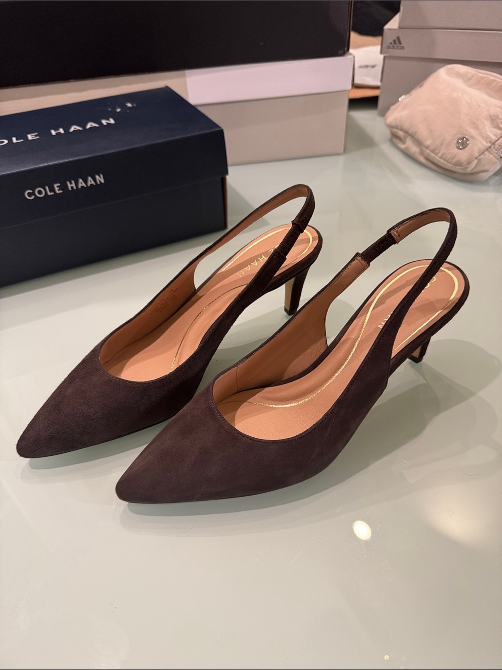 Cole Haan Dark Brown Suede Pointed Slingback Heels